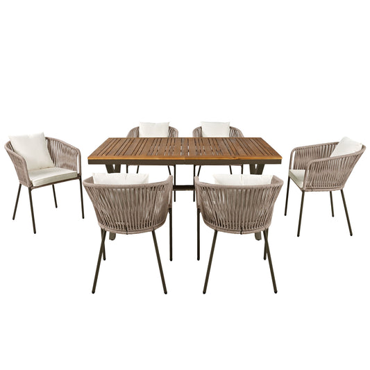 GO 7 Pieces Patio Dining Set, All-Weather Outdoor Furniture Set with Dining Table and Chairs, Acacia Wood Tabletop, Metal Frame, for for Garden, Backyard, Balcony, Beige