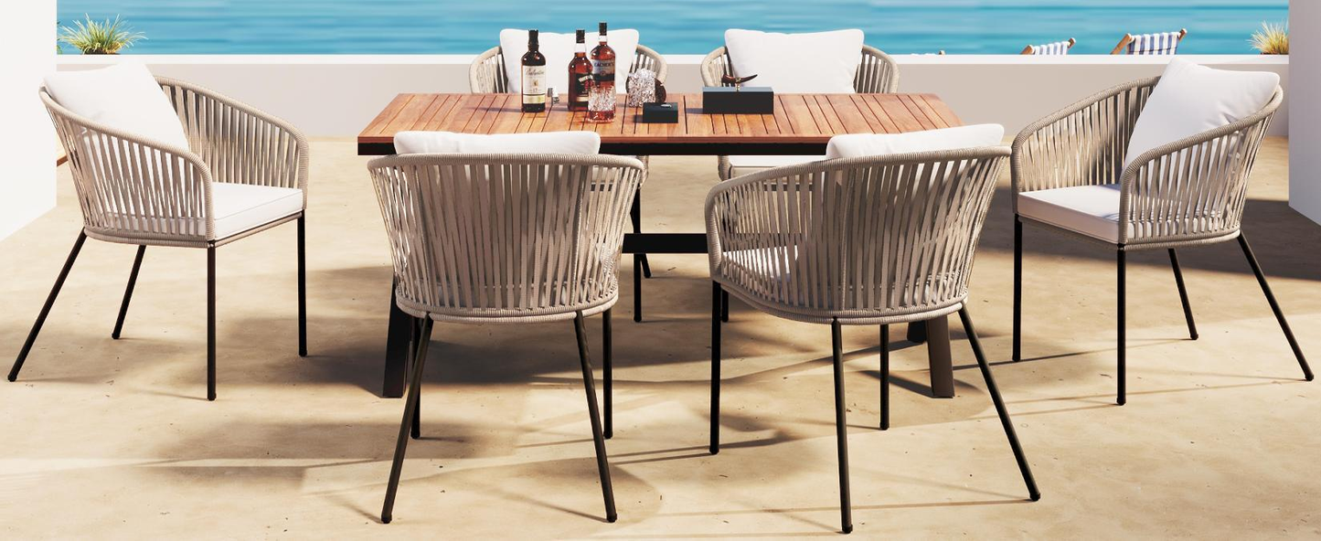 GO 7 Pieces Patio Dining Set, All-Weather Outdoor Furniture Set with Dining Table and Chairs, Acacia Wood Tabletop, Metal Frame, for for Garden, Backyard, Balcony, Beige