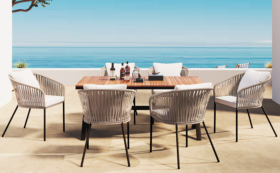 GO 7 Pieces Patio Dining Set, All-Weather Outdoor Furniture Set with Dining Table and Chairs, Acacia Wood Tabletop, Metal Frame, for for Garden, Backyard, Balcony, Beige