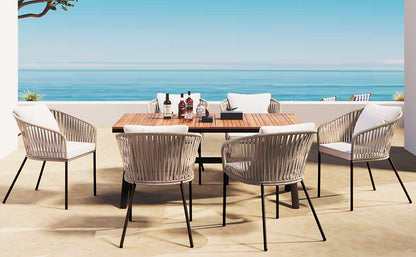 GO 7 Pieces Patio Dining Set, All-Weather Outdoor Furniture Set with Dining Table and Chairs, Acacia Wood Tabletop, Metal Frame, for for Garden, Backyard, Balcony, Beige