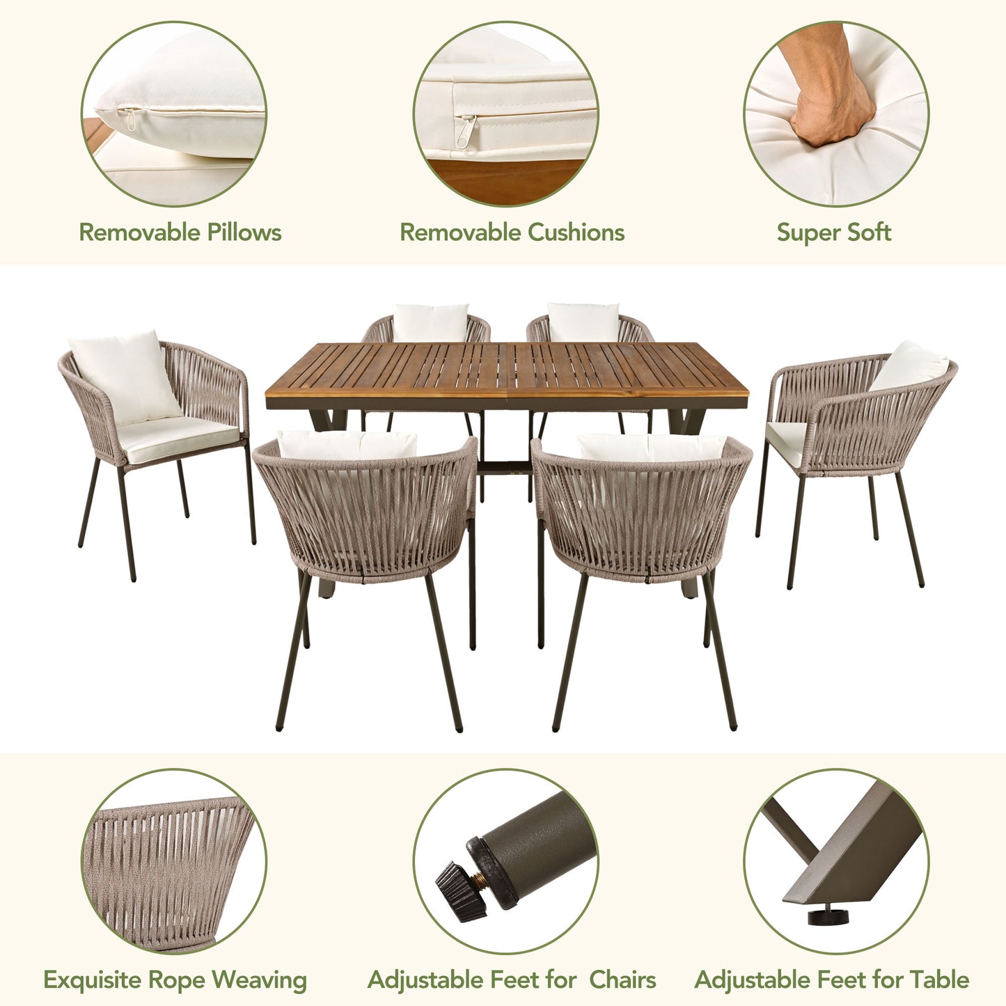 GO 7 Pieces Patio Dining Set, All-Weather Outdoor Furniture Set with Dining Table and Chairs, Acacia Wood Tabletop, Metal Frame, for for Garden, Backyard, Balcony, Beige