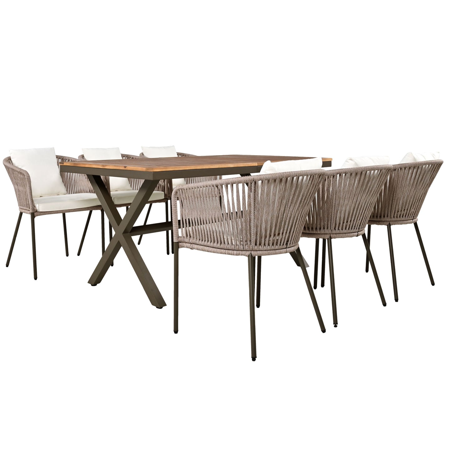 GO 7 Pieces Patio Dining Set, All-Weather Outdoor Furniture Set with Dining Table and Chairs, Acacia Wood Tabletop, Metal Frame, for for Garden, Backyard, Balcony, Beige