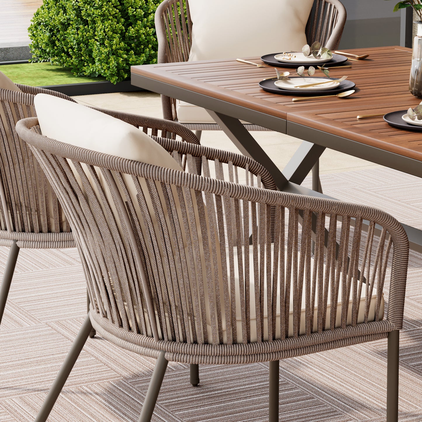 GO 7 Pieces Patio Dining Set, All-Weather Outdoor Furniture Set with Dining Table and Chairs, Acacia Wood Tabletop, Metal Frame, for for Garden, Backyard, Balcony, Beige