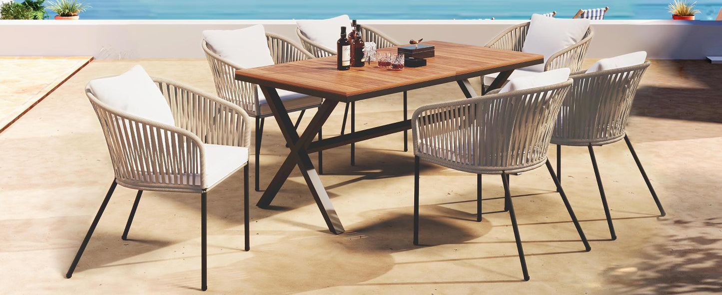 GO 7 Pieces Patio Dining Set, All-Weather Outdoor Furniture Set with Dining Table and Chairs, Acacia Wood Tabletop, Metal Frame, for for Garden, Backyard, Balcony, Beige