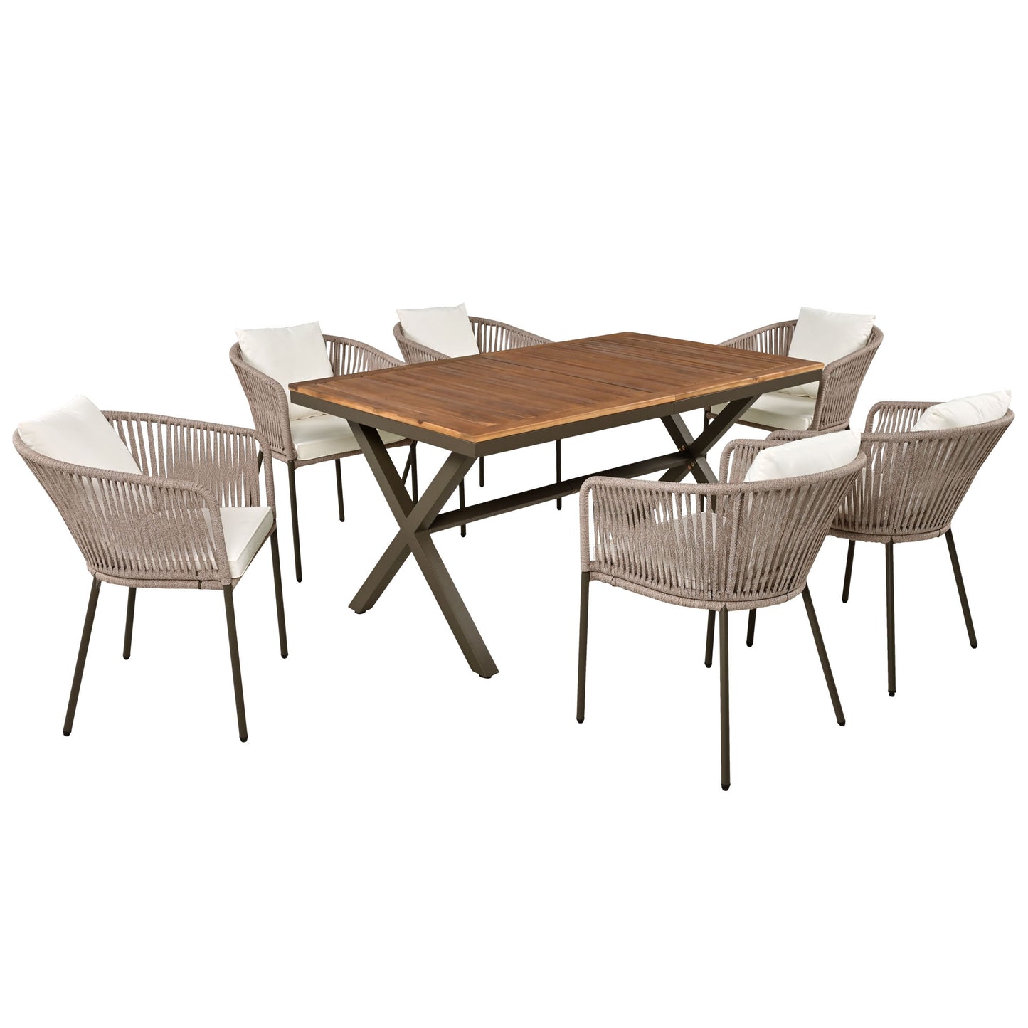 GO 7 Pieces Patio Dining Set, All-Weather Outdoor Furniture Set with Dining Table and Chairs, Acacia Wood Tabletop, Metal Frame, for for Garden, Backyard, Balcony, Beige