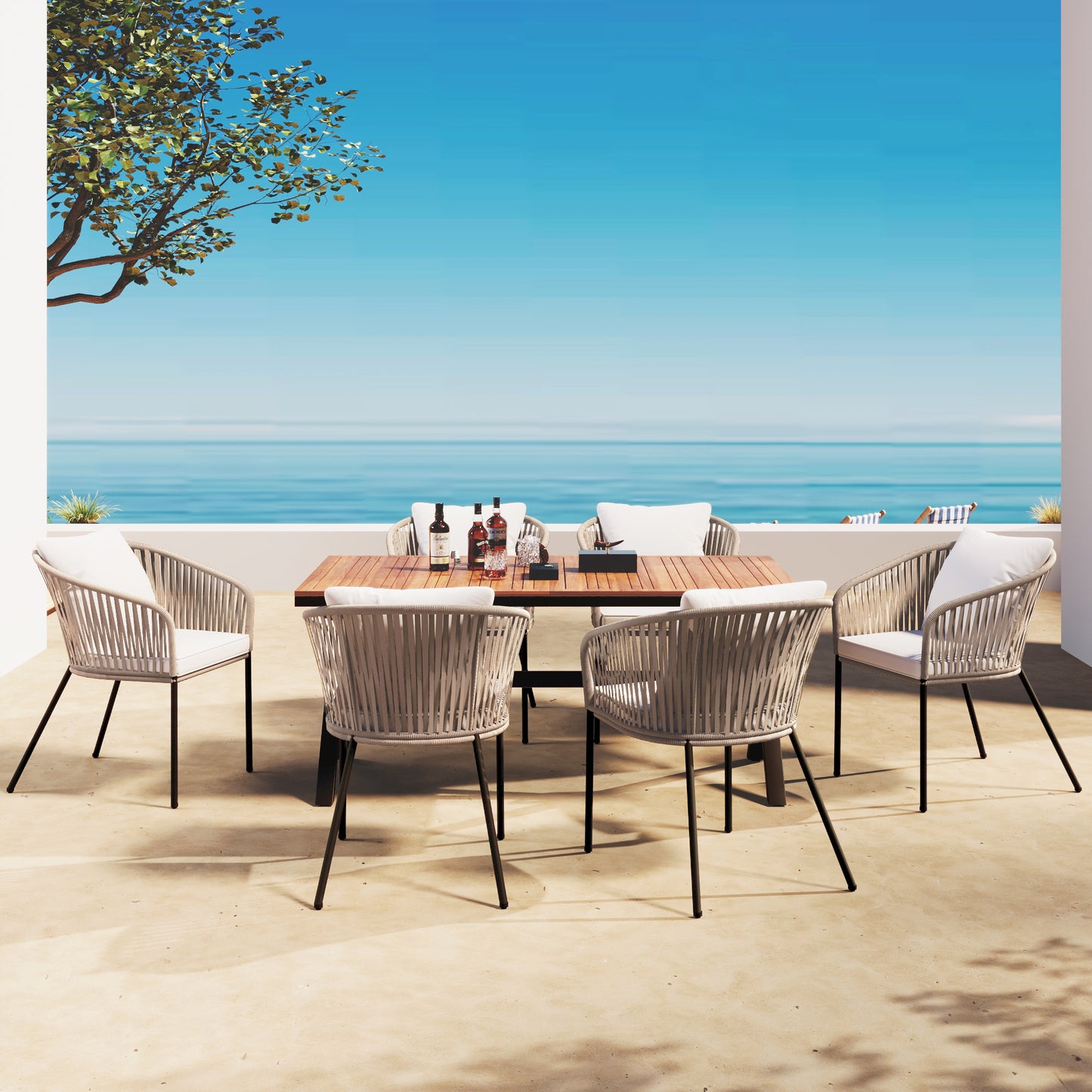 GO 7 Pieces Patio Dining Set, All-Weather Outdoor Furniture Set with Dining Table and Chairs, Acacia Wood Tabletop, Metal Frame, for for Garden, Backyard, Balcony, Beige
