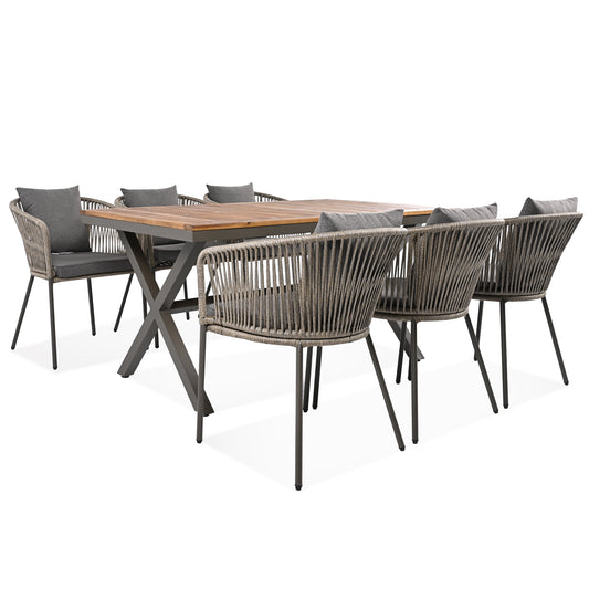GO 7 Pieces Patio Dining Set, All-Weather Outdoor Furniture Set with Dining Table and Chairs, Acacia Wood Tabletop, Metal Frame, for for Garden, Backyard, Balcony, Grey