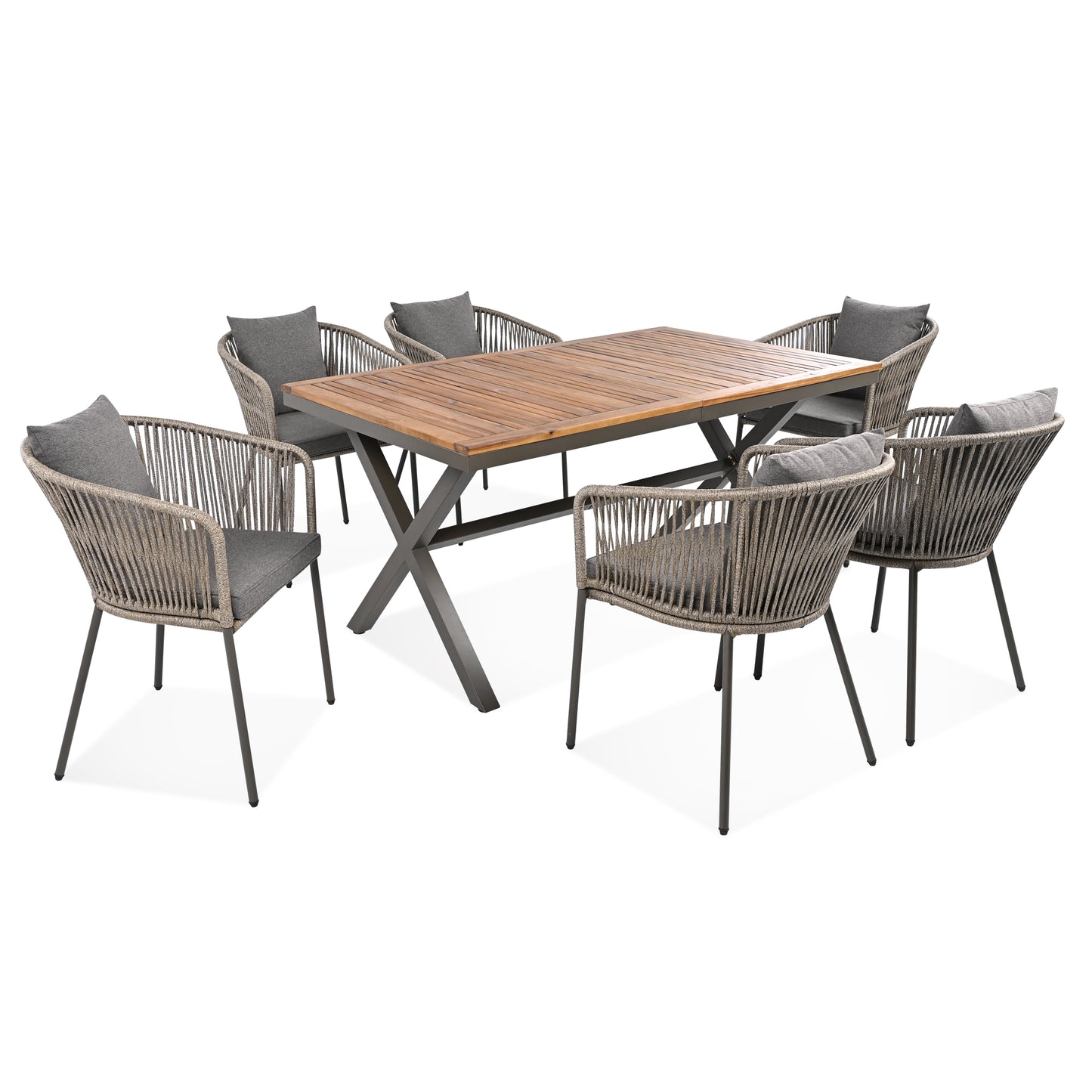 GO 7 Pieces Patio Dining Set, All-Weather Outdoor Furniture Set with Dining Table and Chairs, Acacia Wood Tabletop, Metal Frame, for for Garden, Backyard, Balcony, Grey