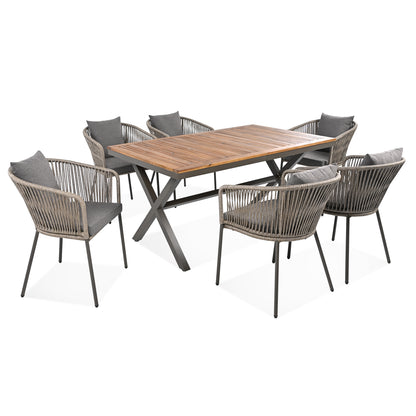 GO 7 Pieces Patio Dining Set, All-Weather Outdoor Furniture Set with Dining Table and Chairs, Acacia Wood Tabletop, Metal Frame, for for Garden, Backyard, Balcony, Grey