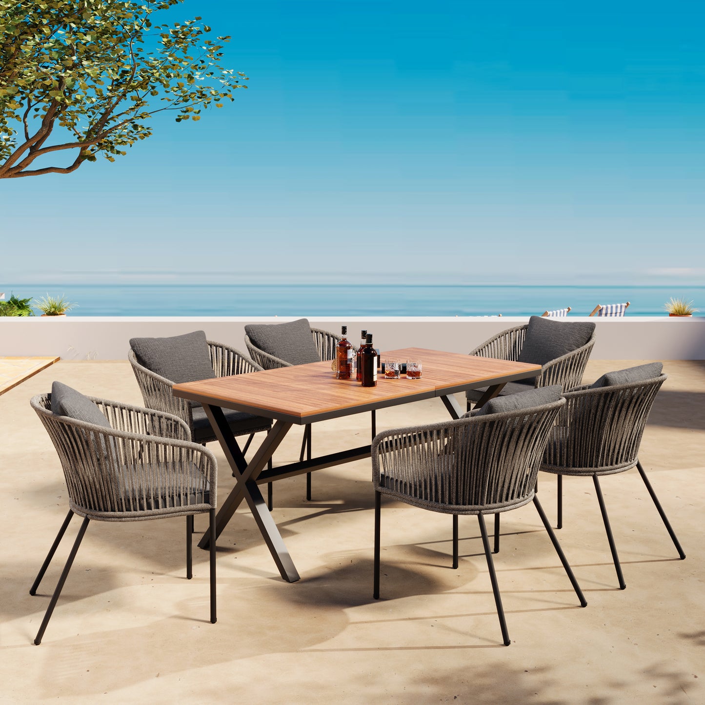 GO 7 Pieces Patio Dining Set, All-Weather Outdoor Furniture Set with Dining Table and Chairs, Acacia Wood Tabletop, Metal Frame, for for Garden, Backyard, Balcony, Grey