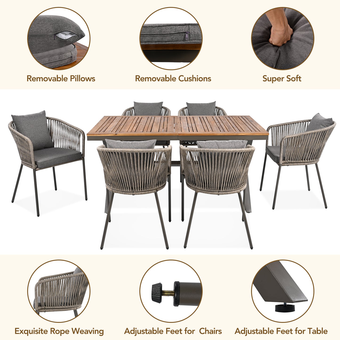 GO 7 Pieces Patio Dining Set, All-Weather Outdoor Furniture Set with Dining Table and Chairs, Acacia Wood Tabletop, Metal Frame, for for Garden, Backyard, Balcony, Grey