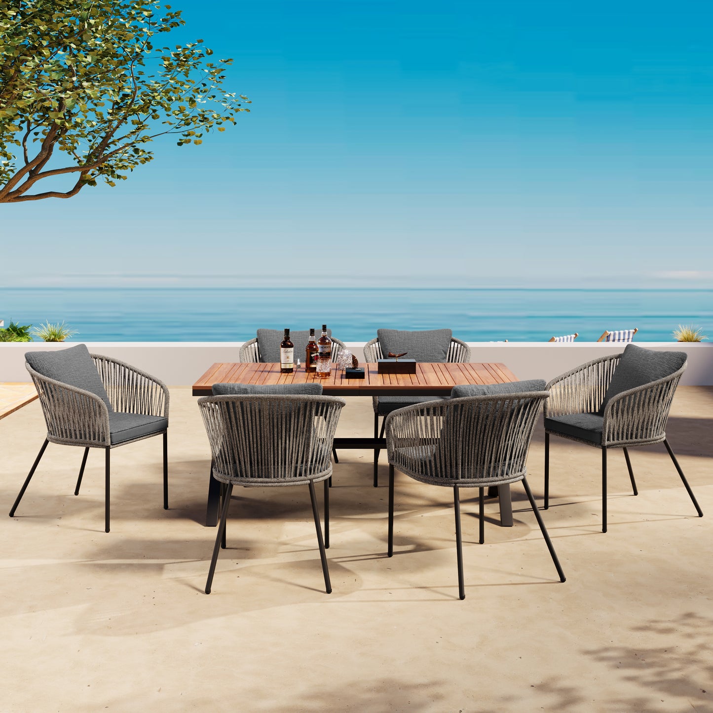 GO 7 Pieces Patio Dining Set, All-Weather Outdoor Furniture Set with Dining Table and Chairs, Acacia Wood Tabletop, Metal Frame, for for Garden, Backyard, Balcony, Grey