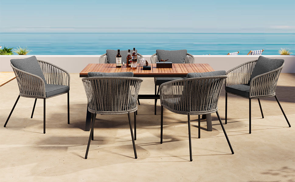 GO 7 Pieces Patio Dining Set, All-Weather Outdoor Furniture Set with Dining Table and Chairs, Acacia Wood Tabletop, Metal Frame, for for Garden, Backyard, Balcony, Grey