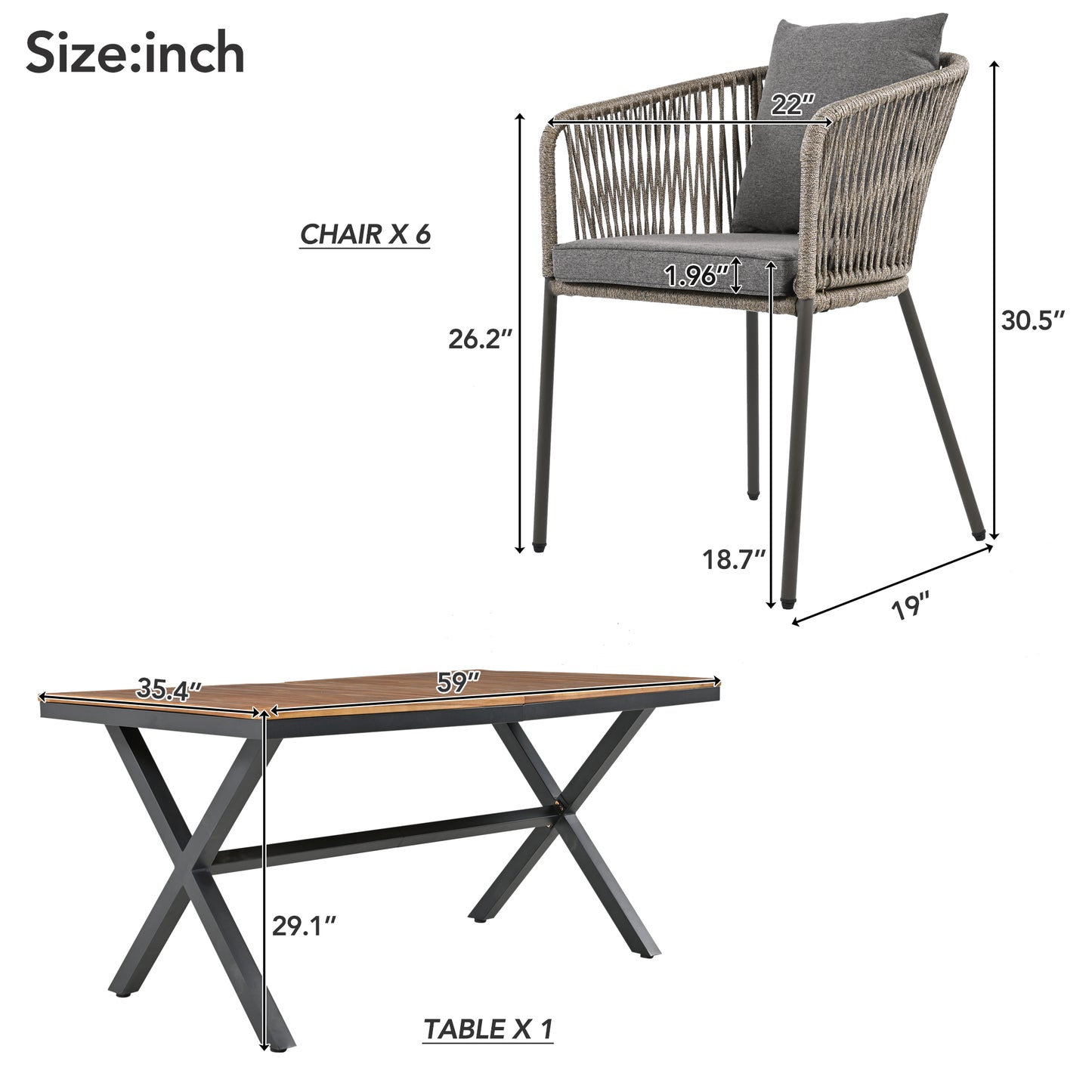 GO 7 Pieces Patio Dining Set, All-Weather Outdoor Furniture Set with Dining Table and Chairs, Acacia Wood Tabletop, Metal Frame, for for Garden, Backyard, Balcony, Grey