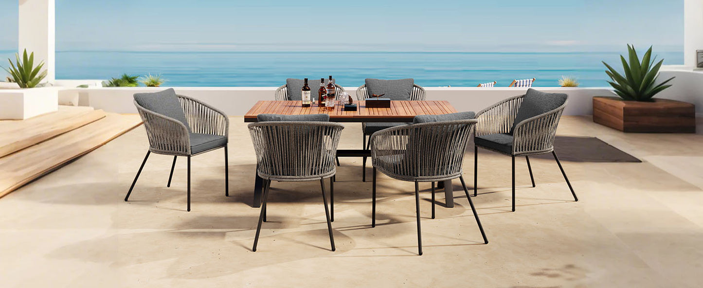 GO 7 Pieces Patio Dining Set, All-Weather Outdoor Furniture Set with Dining Table and Chairs, Acacia Wood Tabletop, Metal Frame, for for Garden, Backyard, Balcony, Grey