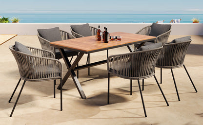 GO 7 Pieces Patio Dining Set, All-Weather Outdoor Furniture Set with Dining Table and Chairs, Acacia Wood Tabletop, Metal Frame, for for Garden, Backyard, Balcony, Grey