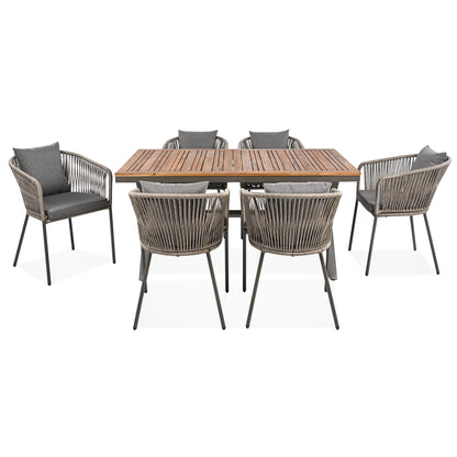 GO 7 Pieces Patio Dining Set, All-Weather Outdoor Furniture Set with Dining Table and Chairs, Acacia Wood Tabletop, Metal Frame, for for Garden, Backyard, Balcony, Grey
