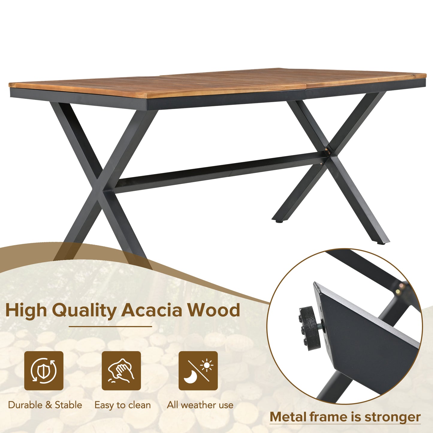 GO 7 Pieces Patio Dining Set, All-Weather Outdoor Furniture Set with Dining Table and Chairs, Acacia Wood Tabletop, Metal Frame, for for Garden, Backyard, Balcony, Grey