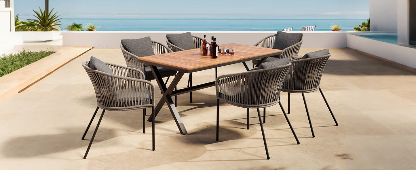 GO 7 Pieces Patio Dining Set, All-Weather Outdoor Furniture Set with Dining Table and Chairs, Acacia Wood Tabletop, Metal Frame, for for Garden, Backyard, Balcony, Grey