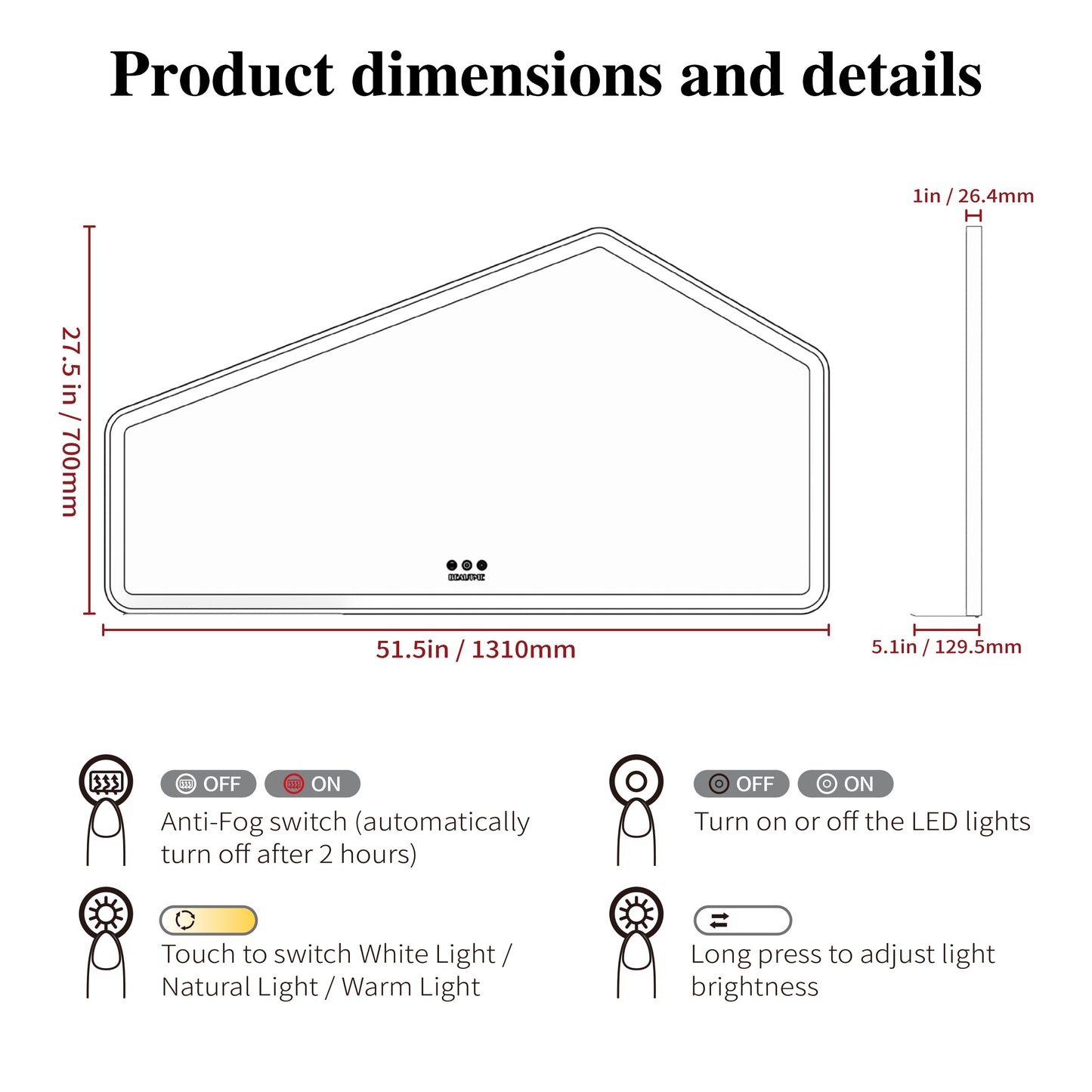 52*28 inch LED Bathroom Vanity Mirror Wall Mounted Adjustable White/Warm/Natural Lights Anti-Fog Touch Switch with Memory Modern Smart Large Bathroom Mirrors