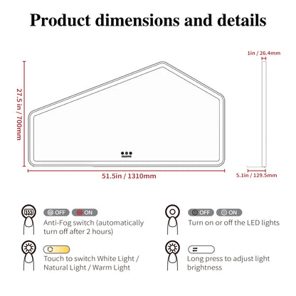 52*28 inch LED Bathroom Vanity Mirror Wall Mounted Adjustable White/Warm/Natural Lights Anti-Fog Touch Switch with Memory Modern Smart Large Bathroom Mirrors