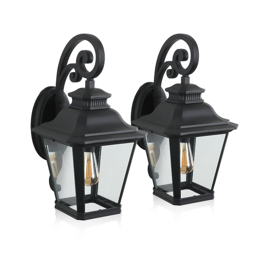 14" Outdoor Wall Lanterns 2-Pack, Black Waterproof Wall Sconce with Clear Glass Panels, Vintage Exterior Light Fixture for Porch, Patio, Garden, and Doorway (Bulb Not Included)