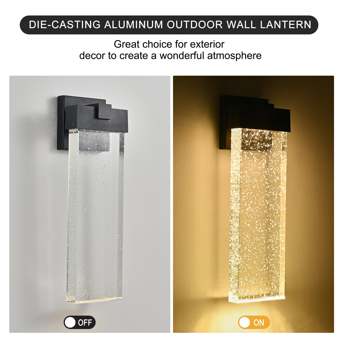 18"(H) 1-pack 12W Modern Outdoor Wall Light Fixture, Weatherproof LED Wall Sconce with Bubble Crystal, Black Finish, Up and Down Lighting for Porch, Patio, and Garden