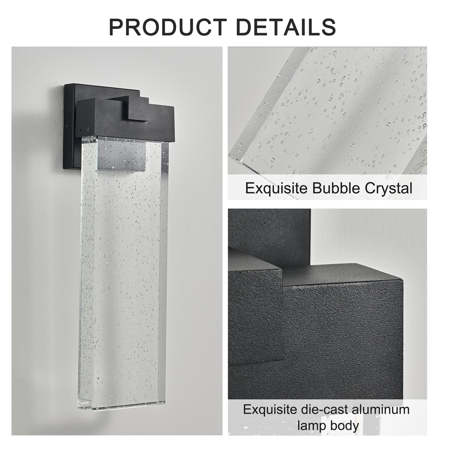 18"(H) 1-pack 12W Modern Outdoor Wall Light Fixture, Weatherproof LED Wall Sconce with Bubble Crystal, Black Finish, Up and Down Lighting for Porch, Patio, and Garden