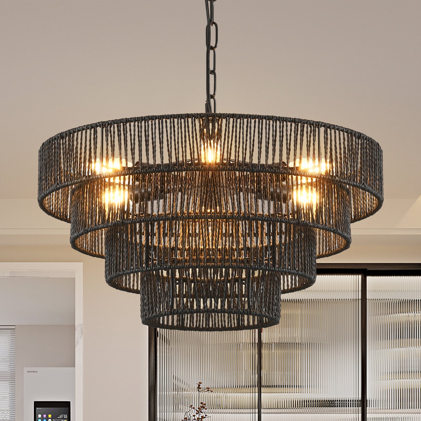 20" Rustic 4-Tier Black Hemp Rope Pendant Light Chandelier with 6 E12 Sockets, Handmade Tiered Boho Ceiling Light Fixture for Dining Room, Kitchen, or Foyer (Bulb Not Included)