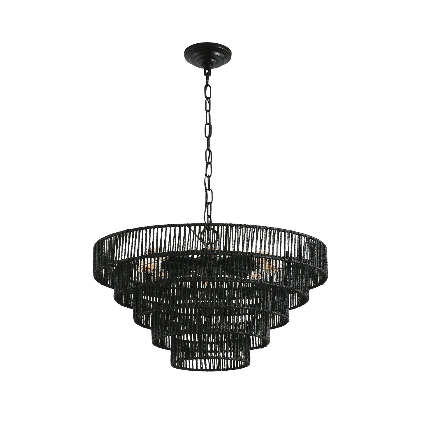 24" Rustic 5-Tier Black Hemp Rope Pendant Light Chandelier with 8 E12 Sockets, Boho Farmhouse Ceiling Fixture for Dining Room, Kitchen, or Entryway (Bulb Not Included)