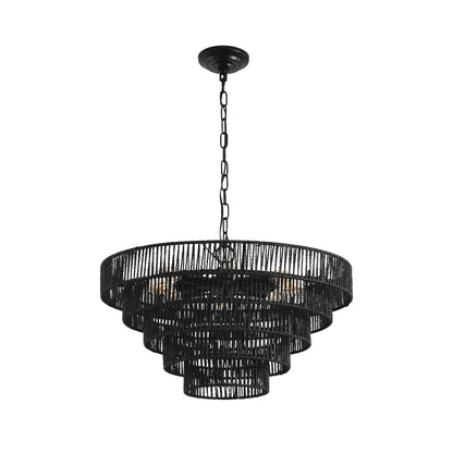 24" Rustic 5-Tier Black Hemp Rope Pendant Light Chandelier with 8 E12 Sockets, Boho Farmhouse Ceiling Fixture for Dining Room, Kitchen, or Entryway (Bulb Not Included)