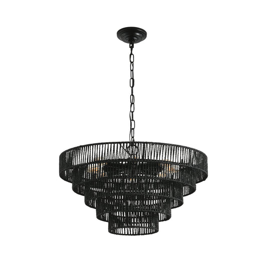 24" Rustic 5-Tier Black Hemp Rope Pendant Light Chandelier with 8 E12 Sockets, Boho Farmhouse Ceiling Fixture for Dining Room, Kitchen, or Entryway (Bulb Not Included)