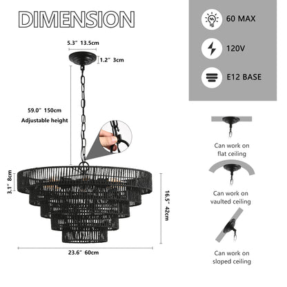 24" Rustic 5-Tier Black Hemp Rope Pendant Light Chandelier with 8 E12 Sockets, Boho Farmhouse Ceiling Fixture for Dining Room, Kitchen, or Entryway (Bulb Not Included)