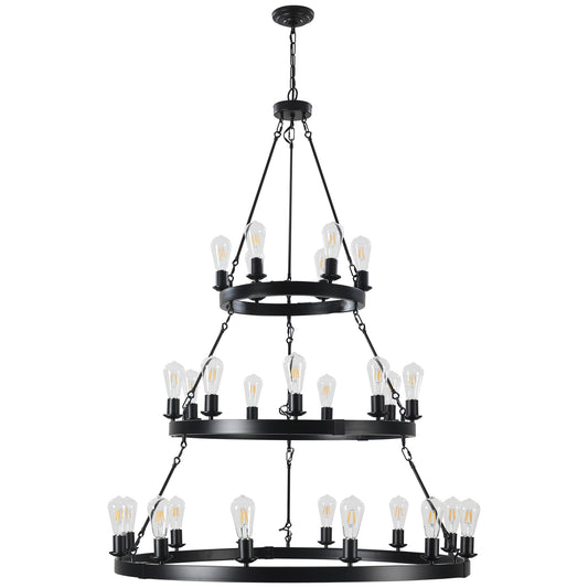 45" Retro Industrial Style 3-Layer Pendant Light, 27-Lights Black Farmhouse Pendant, Suitable for Dining Rooms, Living Rooms (Bulb Not Included)