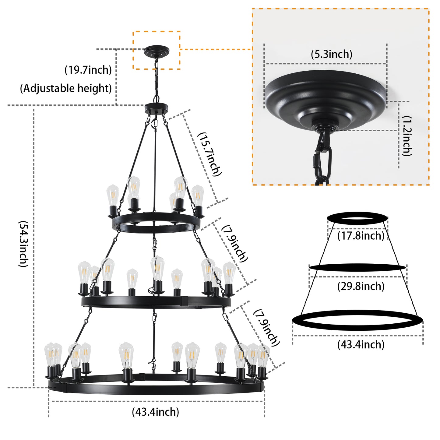 45" Retro Industrial Style 3-Layer Pendant Light, 27-Lights Black Farmhouse Pendant, Suitable for Dining Rooms, Living Rooms (Bulb Not Included)