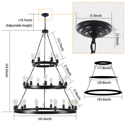 45" Retro Industrial Style 3-Layer Pendant Light, 27-Lights Black Farmhouse Pendant, Suitable for Dining Rooms, Living Rooms (Bulb Not Included)