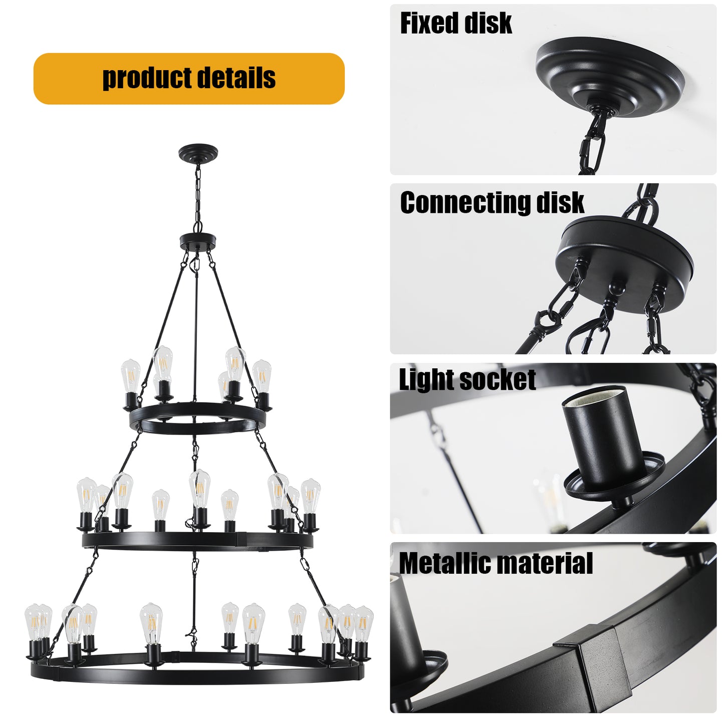 45" Retro Industrial Style 3-Layer Pendant Light, 27-Lights Black Farmhouse Pendant, Suitable for Dining Rooms, Living Rooms (Bulb Not Included)