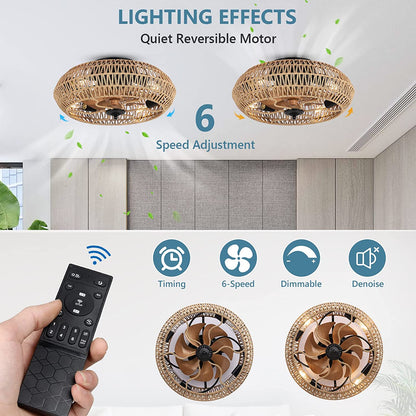 Rattan Ceiling Fan with 5 Bulbs