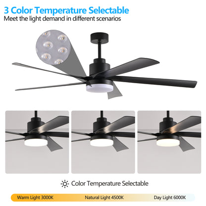 65 Inch Black Ceiling Fan with Light, 5-Blade Dimmable LED Ceiling Fan with Remote Control, Modern Quiet Design for Living Room and Bedroom