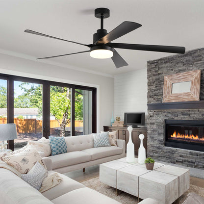 65 Inch Black Ceiling Fan with Light, 5-Blade Dimmable LED Ceiling Fan with Remote Control, Modern Quiet Design for Living Room and Bedroom