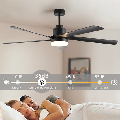 65 Inch Black Ceiling Fan with Light, 5-Blade Dimmable LED Ceiling Fan with Remote Control, Modern Quiet Design for Living Room and Bedroom