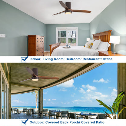 2 Inch Flush Mount Ceiling Fan with LED Light and Remote Control Solid Wood Blades