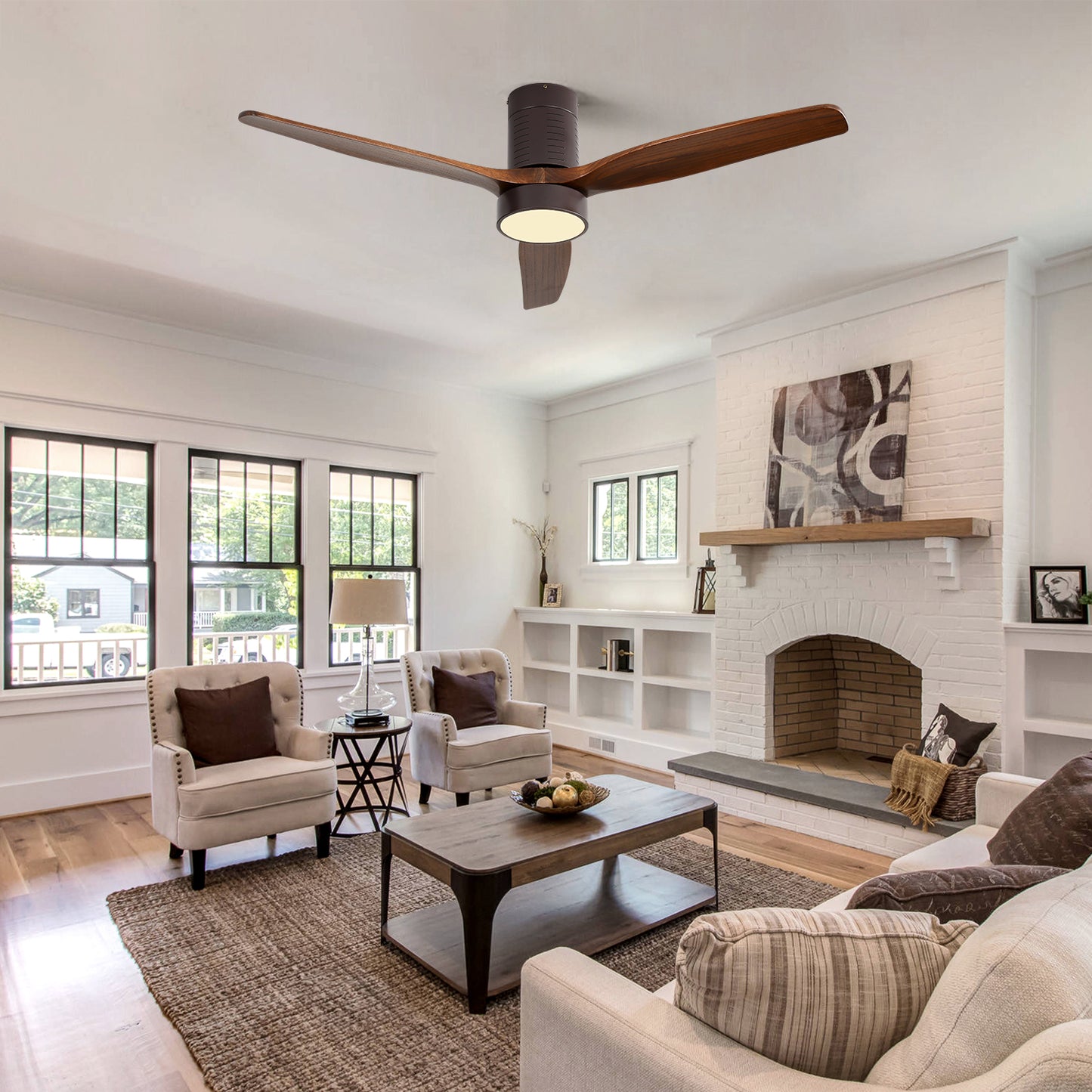 2 Inch Flush Mount Ceiling Fan with LED Light and Remote Control Solid Wood Blades