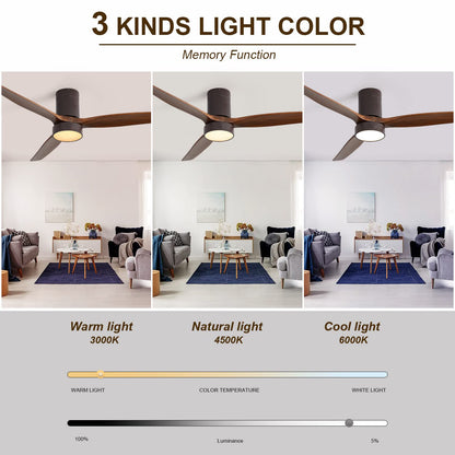 2 Inch Flush Mount Ceiling Fan with LED Light and Remote Control Solid Wood Blades