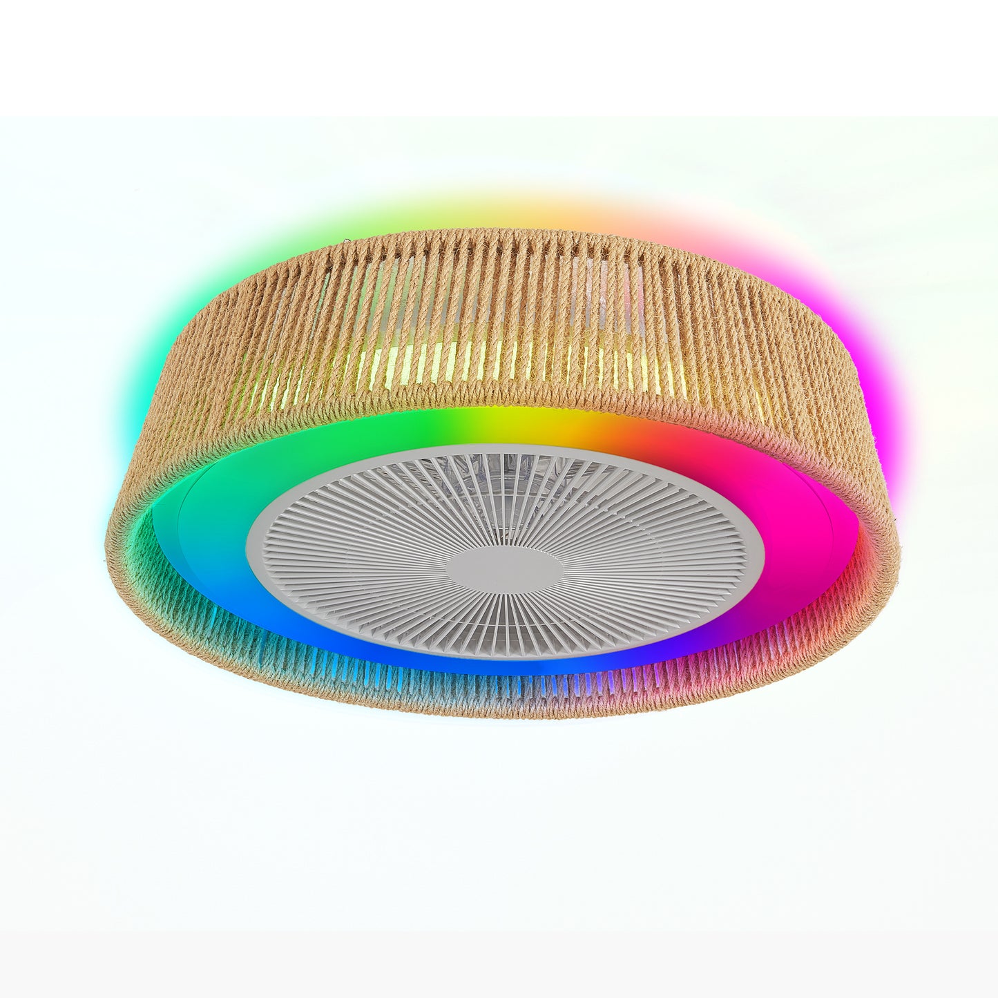 21" Modern Rustic Ceiling Fan Light with LED RGB Mood Lighting, Rope Woven Design, Quiet Fan, Semi Flush Mount for Bedroom, Living Room, or Dining Room