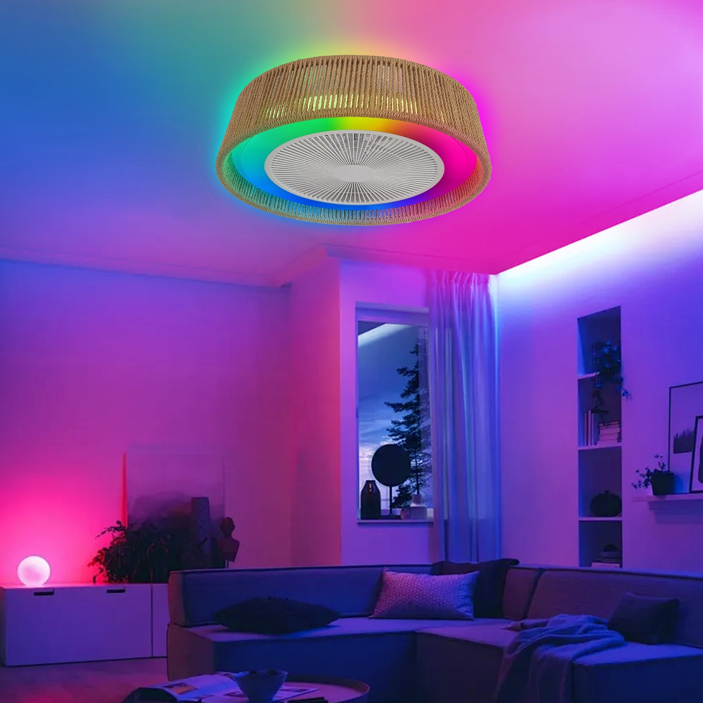 21" Modern Rustic Ceiling Fan Light with LED RGB Mood Lighting, Rope Woven Design, Quiet Fan, Semi Flush Mount for Bedroom, Living Room, or Dining Room