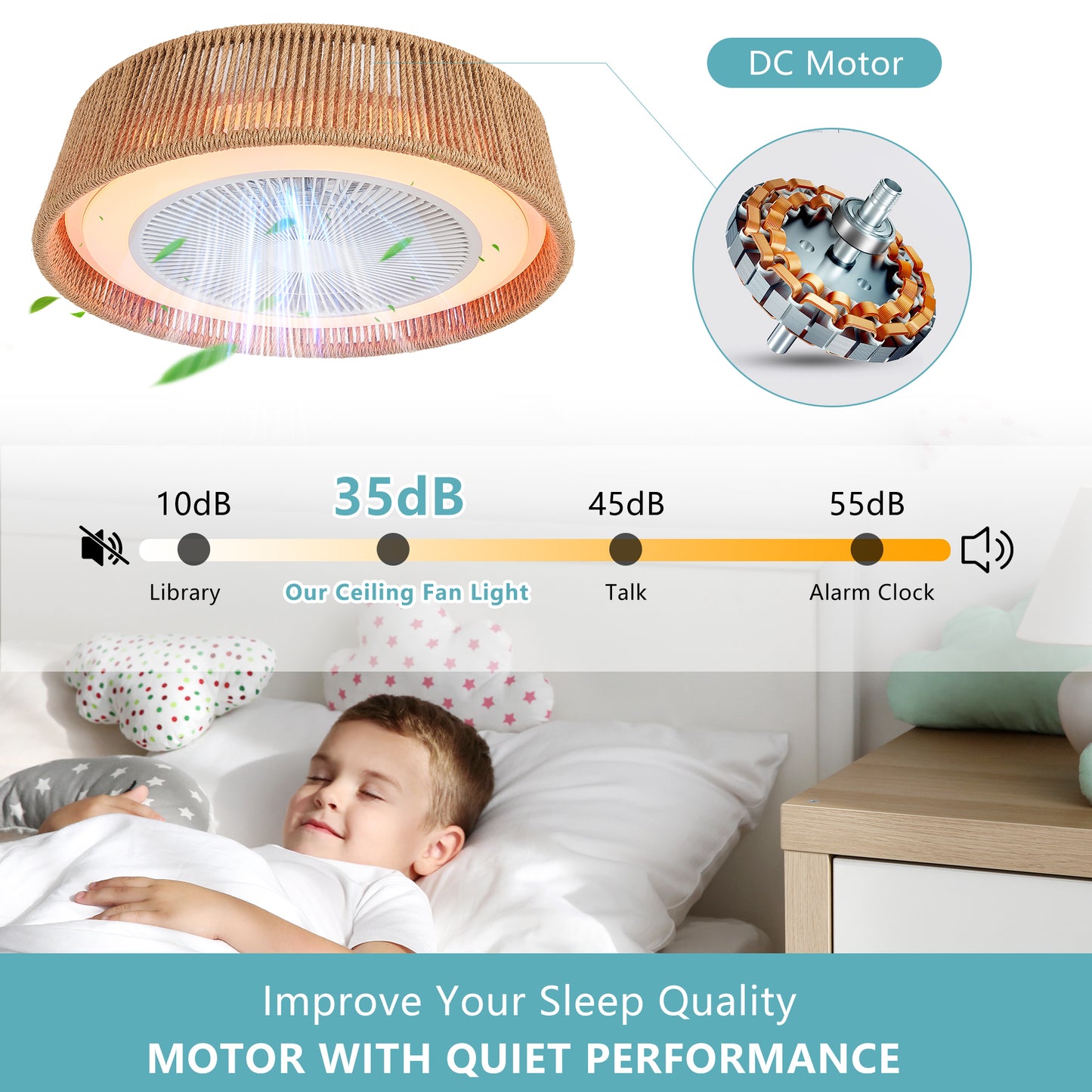 21" Modern Rustic Ceiling Fan Light with LED RGB Mood Lighting, Rope Woven Design, Quiet Fan, Semi Flush Mount for Bedroom, Living Room, or Dining Room