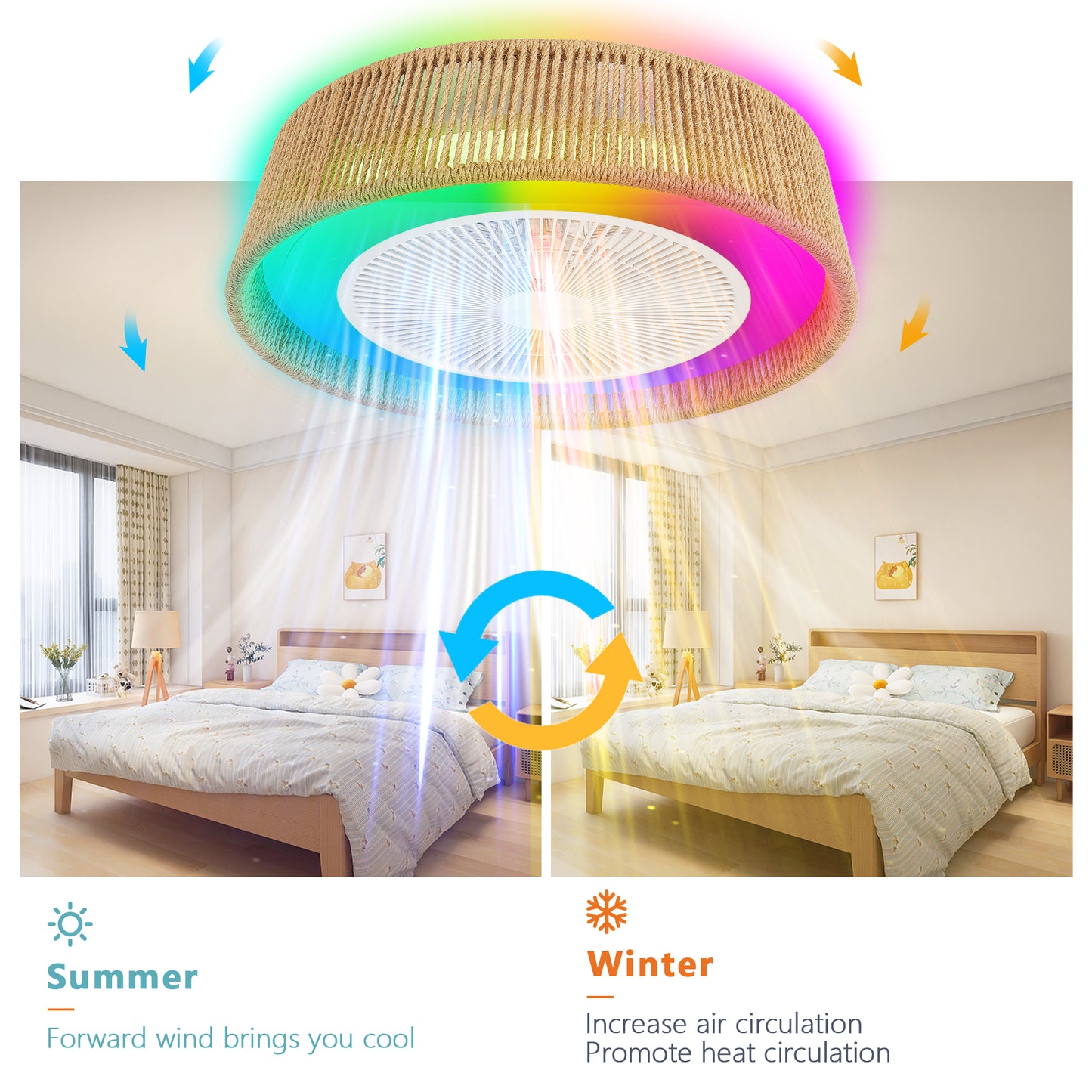 21" Modern Rustic Ceiling Fan Light with LED RGB Mood Lighting, Rope Woven Design, Quiet Fan, Semi Flush Mount for Bedroom, Living Room, or Dining Room
