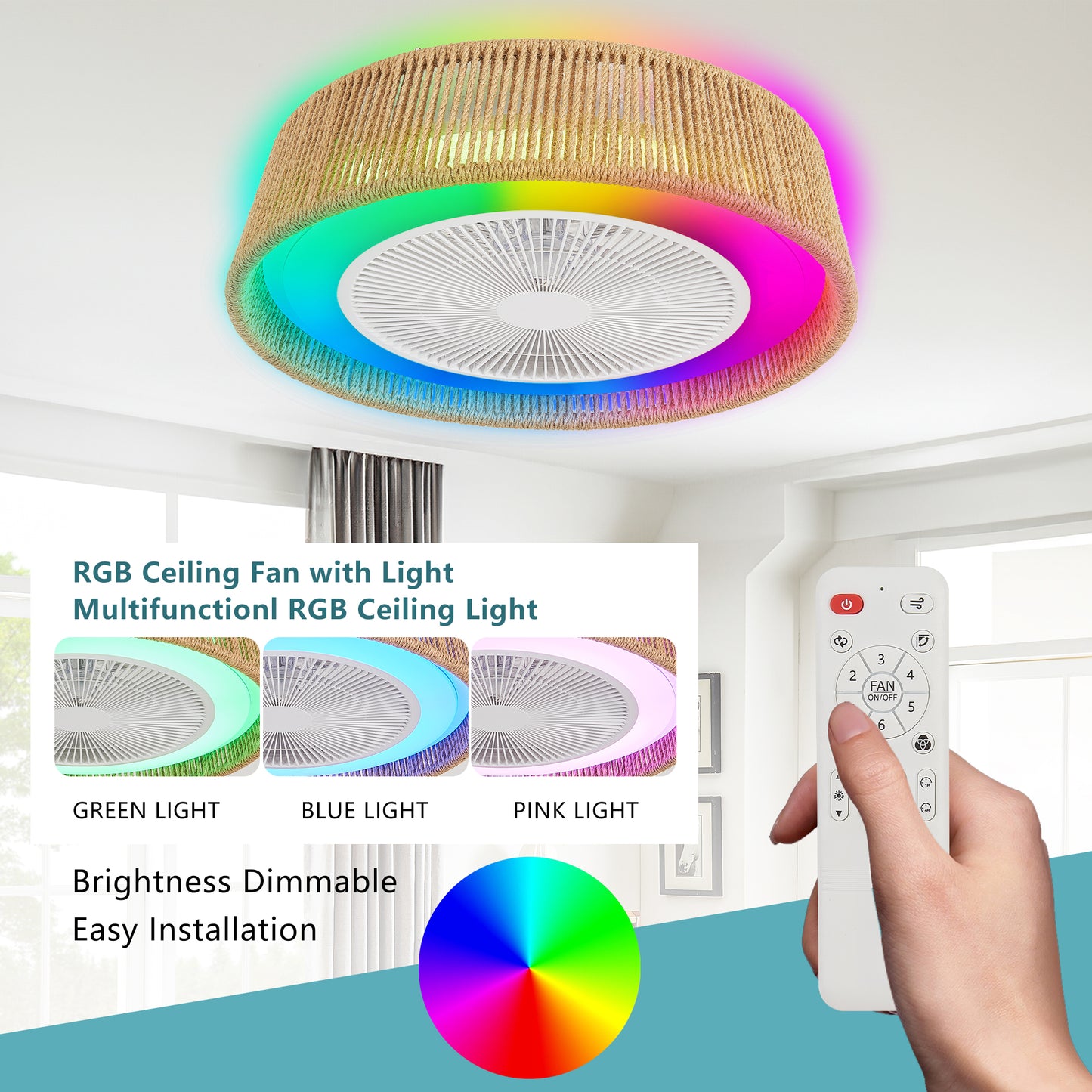 21" Modern Rustic Ceiling Fan Light with LED RGB Mood Lighting, Rope Woven Design, Quiet Fan, Semi Flush Mount for Bedroom, Living Room, or Dining Room