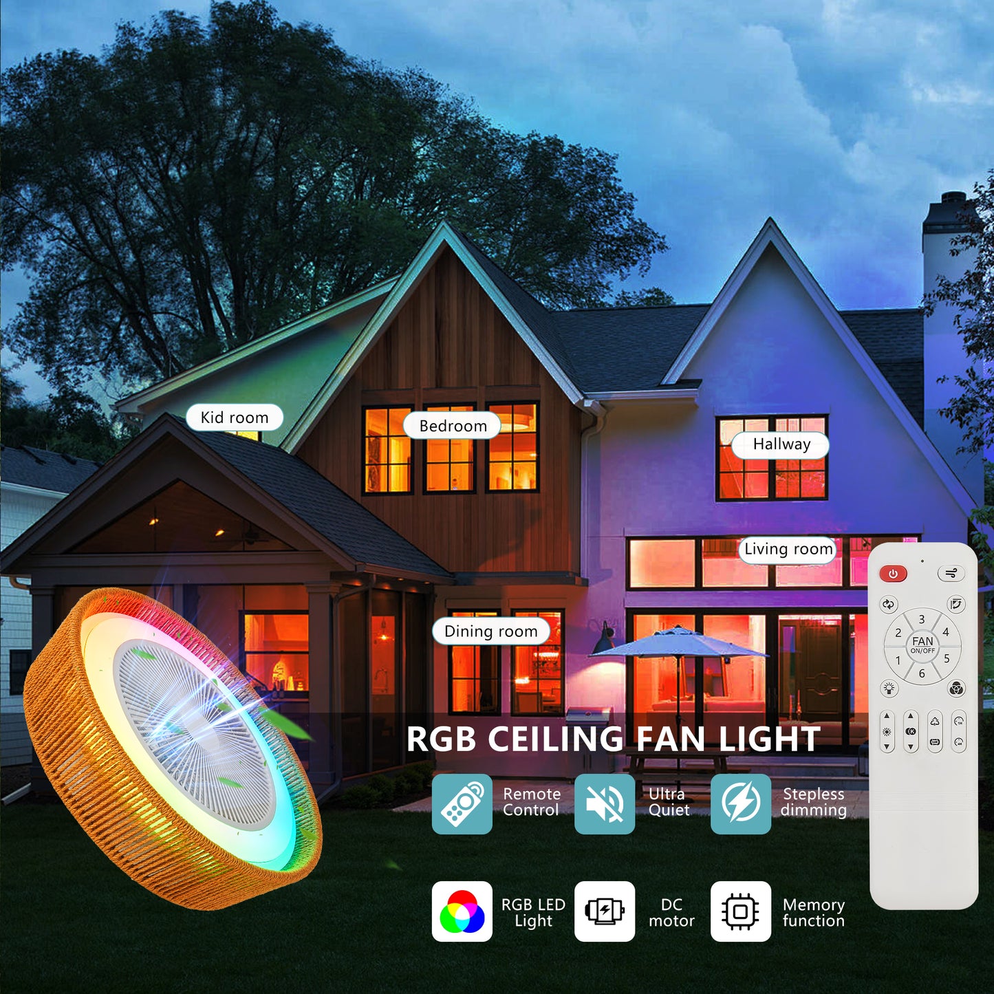 21" Modern Rustic Ceiling Fan Light with LED RGB Mood Lighting, Rope Woven Design, Quiet Fan, Semi Flush Mount for Bedroom, Living Room, or Dining Room
